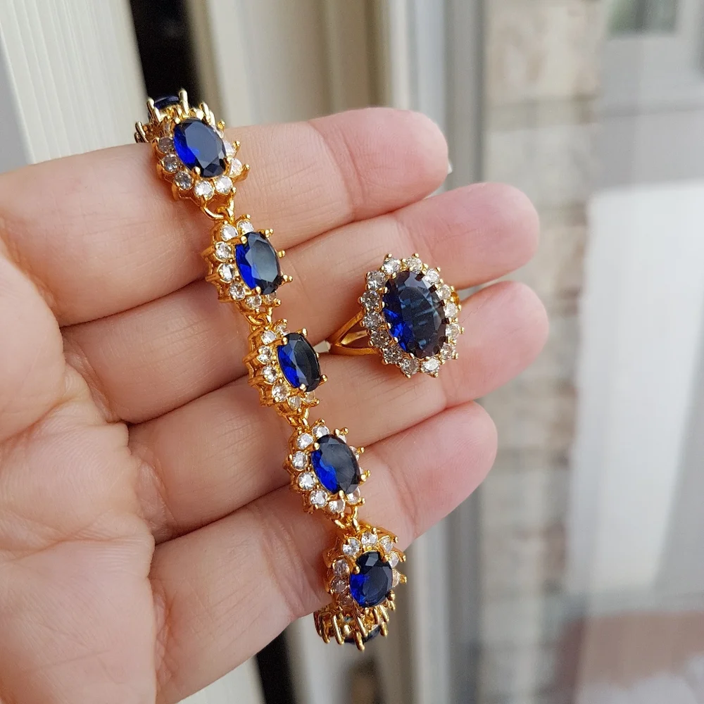 Swarovski Elements Gold 925 Sterling Silver Blue Sapphire Diana Oval Ring NEW